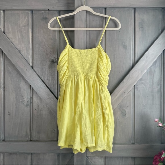 AERIE Smocked Keyhole Romper beach bright sunny yellow smocked flowy lightweight - Picture 9 of 12